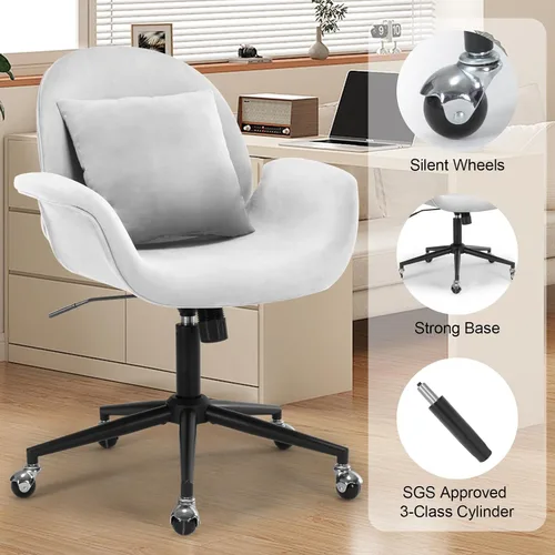 Vista 7 de Silla de escritorio de terciopelo, moderna silla de oficina en casa con altura ajustable giratoria para computadora ejecutiva con almohada, sillón