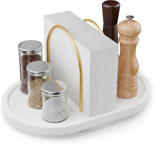 Vista 9 de Servilletero para mesa, dispensador giratorio con salero y pimentero, soporte de bambú, almacenamiento rústico de servilletas de metal para mesa
