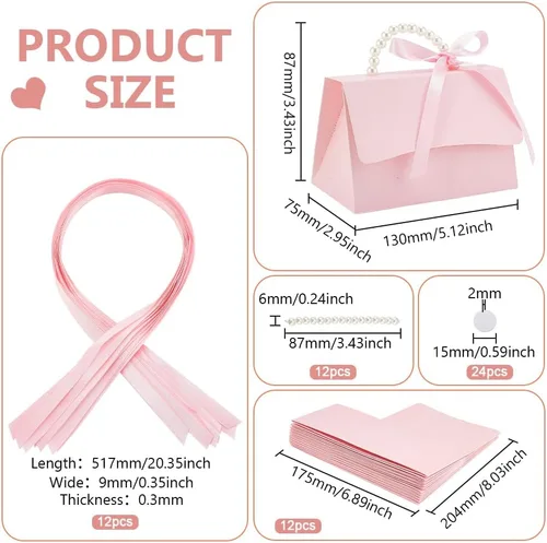 Vista 2 de BENECREAT Juego de 12 cajas de recuerdos de boda, caja de papel kraft rosa con mango de perla, cintas, calcomanías, cajas de regalo para cumpleaños