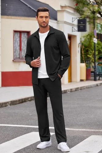 Vista 3 de COOFANDY Conjunto de 2 piezas para hombre, camisa de manga larga con botones, sin arrugas, camisas elásticas