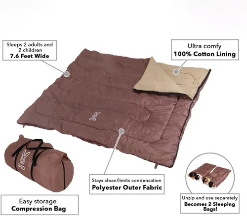 Vista 2 de DOD Wagaya Family - Saco de dormir cuádruple ancho para 4 personas para padres y niños, sistema versátil 3 en 1 que se convierte en 2 edredones