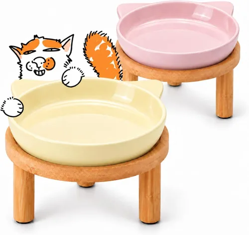 Vista 16 de Cuencos elevados de cerámica para gatos con soporte de bambú, platos elevados de comida para mascotas para gatos y perros pequeños, comedero