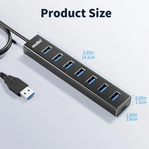 Vista 7 de atolla Hub USB 3.0 de aluminio de 7 puertos con cable de extensión de 3.3 ft, transferencia de datos de alta velocidad de 5 Gbps para MacBook Pro