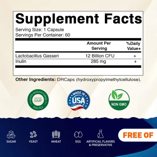 Vista 2 de Vitamatic Lactobacillus Gasseri - 12 mil millones por cápsula DR - 60 unidades - Soporte digestivo - Fabricado con fibra prebiótica de inulina