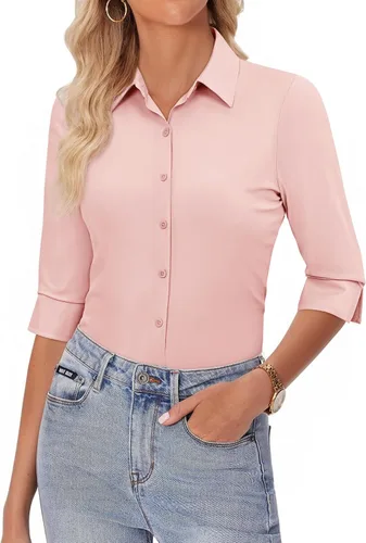 Vista 7 de siliteelon Camisas con botones para mujer, manga 3/4, elástica, ajustada, sin arrugas, cuello para negocios, trabajo, tops