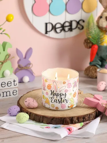 Vista 5 de Velas de conejo de Pascua, vela perfumada de jazmín de Pascua, 14 onzas, tarro grande de 3 mechas, regalo de velas de conejo de primavera