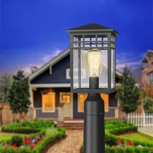 Vista 6 de Lámpara de poste exterior, farol moderno de pilar exterior con acabado negro y vidrio semillado, luz de poste para jardín, patio trasero, patio