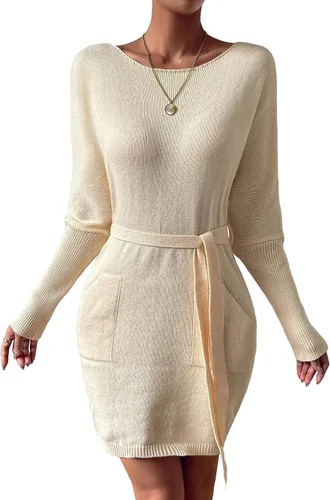 Vista 5 de Verdusa Vestido de manga larga con cuello barco y cinturón para mujer con bolsillo