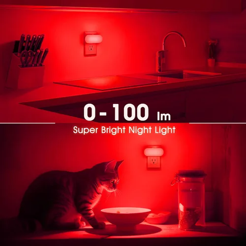 Vista 7 de DORESshop Luz nocturna roja, encendido/apagado automático, brillo ajustable de 0-100 LM, luz nocturna regulable con sensor de luz que se enchufa a
