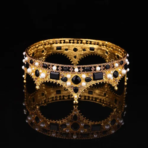 Vista 5 de FORSEVEN Corona de rey para hombre, tiaras de boda de perlas de cristal, para fiesta de cumpleaños, coronas redondas de Navidad Negro