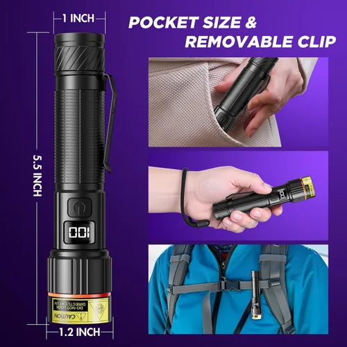 Vista 6 de Linterna UV WdtPro de 395 nm súper brillante, luz negra recargable con pantalla LCD, luz UV IP65 zoomable con clip, potente luz negra portátil