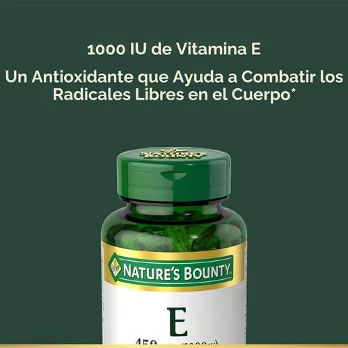 Vista 3 de Nature's Bounty Cápsulas blandas de vitamina E de 1000 UI, apoya la salud antioxidante y el sistema inmunológico, 1 porción por día, sin gluten, 60