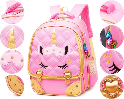 Vista 3 de Moonmo Lindo unicornio cara de lentejuelas de diamante impermeable princesa mochila escolar para niñas