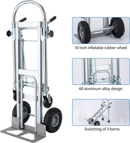 Vista 7 de LEADALLWAY Camión de mano convertible de aluminio 3 en 1, carrito dolly plegable de servicio pesado, ruedas neumáticas y sólidas para mudanza
