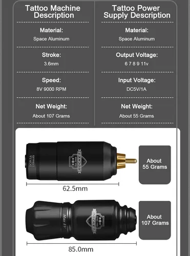 Vista 3 de Mini Rocket Tattoo Machine Set Japón Motor inalámbrico Batería Tatuaje Rotary Machine Power RCA Interface Mini lápiz de tatuaje inalámbrico, juego