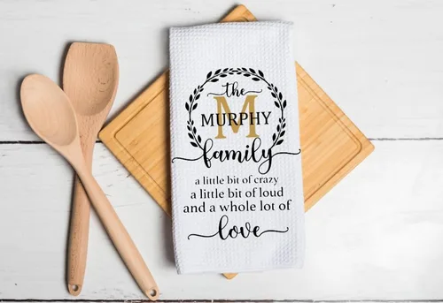 Vista 5 de Family Monogram - A Little Bit Of Crazy - Kitchen Towel - Personalized with any name. Microfiber White Waffle Weave Towel. 16 x 24 in. Absorbent, No