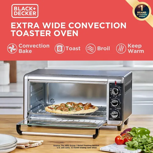 Vista 2 de Horno tostador a convección Black + Decker, 8 rebanadas, extra-amplio, para mesada, Acero inoxidable/Negro