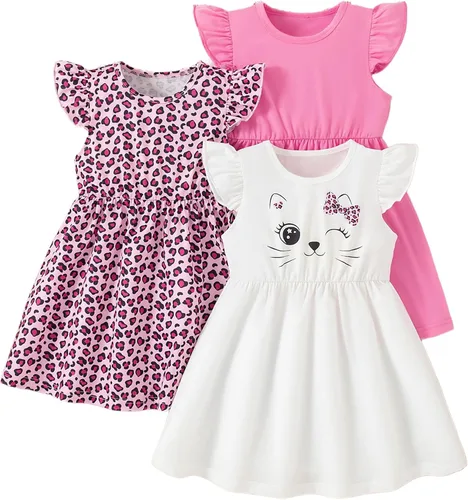 Vista 28 de Vestidos para niñas Vestidos para niñas pequeñas Paquete de 3 Vestido casual de fiesta con estampado patinador acampanado tipo A Vestido de verano
