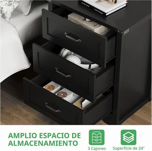 Vista 4 de Mesita de noche con 3 cajones, mesa auxiliar de 61 cm de ancho estilo granja, mesa de noche de madera rústica con asa metálica, cómoda moderna