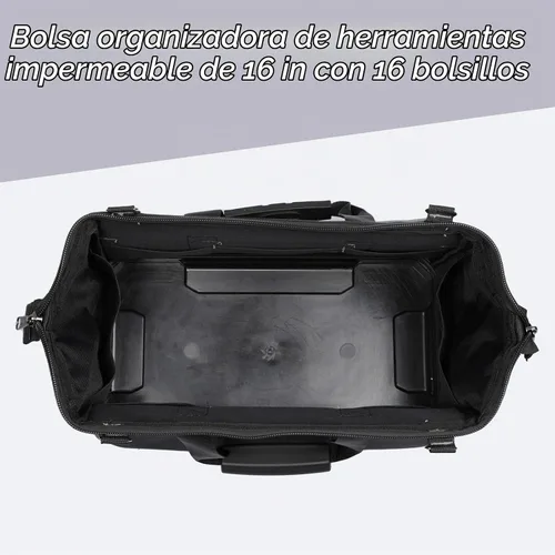 Vista 3 de Bolsa de herramientas resistente con 16 bolsillos, organizador de herramientas impermeable de 16 pulgadas con base reforzada, correa de hombro