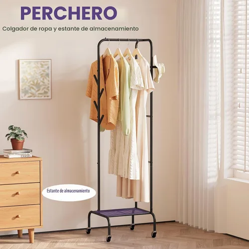 Vista 2 de Moderno perchero de bambú, independiente con 2 estantes, 5 ganchos, diseño giratorio, soporte resistente para entrada, sala de estar, 72 x 24 x 24