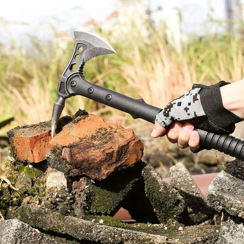 Vista 8 de Hacha de campamento, Tomahawk con pincho, hacha de supervivencia con funda, mango de fibra de nailon para supervivencia al aire libre, senderismo 1