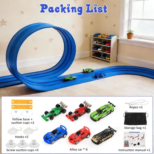 Vista 3 de Pista de carreras de 16.4 pies, pista de carreras flexible de 3 carriles para niños, compatible con autos a escala 1/64 fundidos a presión con 6