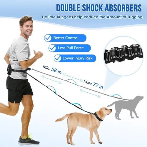 Vista 5 de SlowTon Correa para perro manos libres, con bolsa extraíble con cremallera, cuerda elástica que absorbe los golpes, doble asa y costuras
