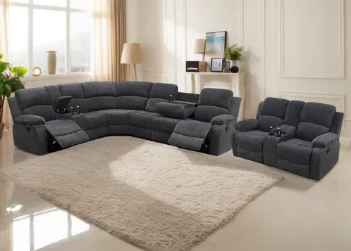 Vista 16 de Juego de sofá seccional reclinable manual, juegos de muebles de sala de estar de cuero regenerado en forma de L, sofá de esquina seccional