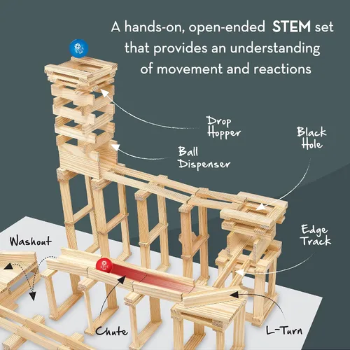 Vista 6 de MindWare KEVA Contraptions, juego de construcción de bloques de madera, kit de carrera de mármol, incluye 2 bolas - 400 tablones
