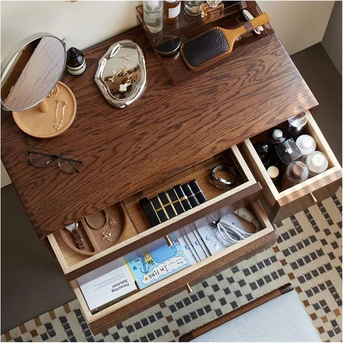 Vista 5 de HIHELO Tocador simple para dormitorio, tocador pequeño, escritorio, juego de taburete de maquillaje de madera con cajón, tocador para tocador