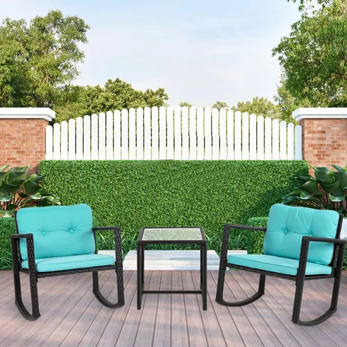 Vista 2 de Juego de 3 piezas de bistró mecedora para exteriores, muebles de ratán para patio, sillas mecedoras de mimbre con cojines azules y mesa de centro