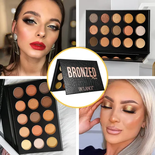 Vista 2 de Paleta de sombra de ojos Nude Gold Natural Desnuda Ahumada Cálido Neutro 15 tonos, DE'LANCI Paleta de sombra de ojos ultra-mezclable de alta