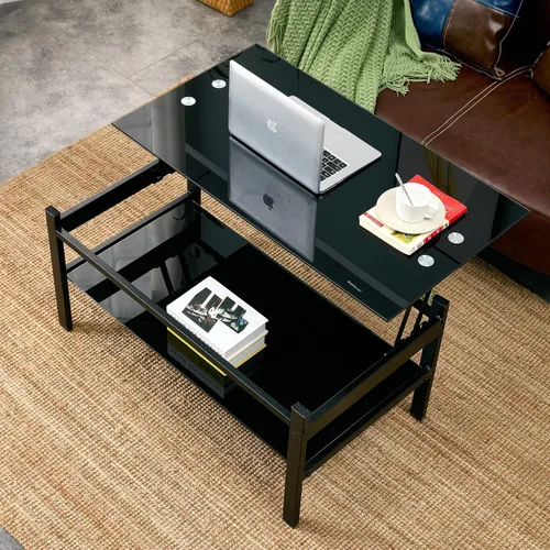 Vista 7 de IANIYA Mesa auxiliar rectangular de vidrio templado, patas de tubo de metal, mesa auxiliar para sala de estar (todo negro)