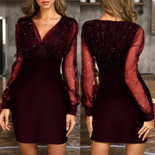 Vista 2 de NAMTYQX Vestido corto de manga larga con cuello en V y purpurina para mujer talla grande con lentejuelas cóctel fiesta club noche