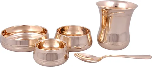 Vista 6 de Shiv Shakti Arts® Bronce Juego de vajilla Kansa Thali - 7 piezas, dorado - (Pure Kansa - Juego de cena de lujo premium)