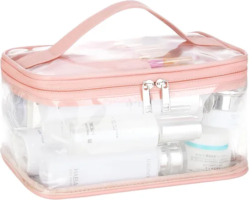 Vista 8 de HAOGUAGUA Bolsa de maquillaje transparente para cosméticos con compartimento para cepillos, portátil, impermeable, bolsa de aseo transparente