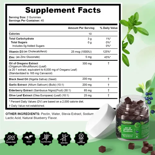 Vista 5 de Gomitas orgánicas de aceite de orégano con aceite de semilla negra para niños y adultos Suplemento de aceite de orégano 6 en 1 Carvacrol +