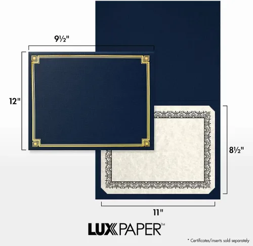 Vista 2 de LUXPaper Porta certificados de 9.5 x 12 pulgadas, lino azul náutico, borde de lámina dorada en relieve, cubierta de 100 libras, 25