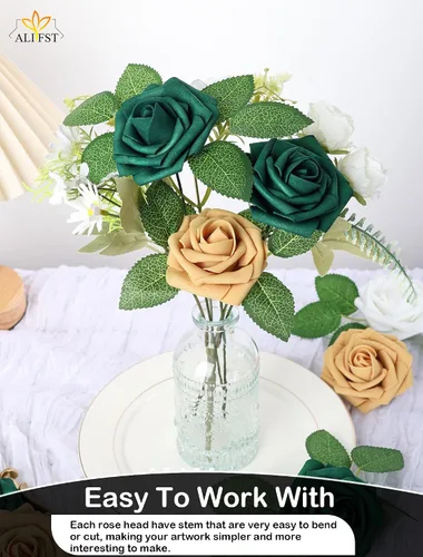 Vista 3 de 25 piezas Flores Artificiales, Rosas de Espuma Artificiales de Tacto Real Decoración Bricolaje para Boda Dama de Honor Ramo Nupcial Centros de Mesa