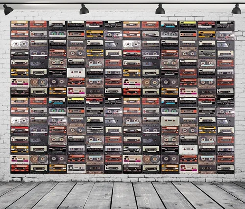 Vista 2 de BELECO Telón de fondo de música estilo vintage de 5 x 3 pies, cintas de cassette de audio, música retro, concierto, fiesta, fondo de papel tapiz