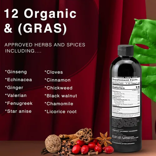Vista 7 de Tonic Man Tónico orgánico de bienestar antiguo hecho con vinagre de sidra de manzana crudo, zumos de manzana y uva orgánicos kosher con 12 hierbas