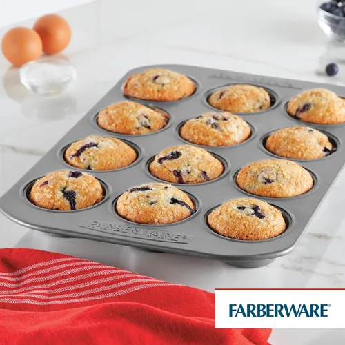Vista 6 de Farberware, utensilio para hornear antiadherente, asadera para muffins (12 copas), color gris, Sartén para muffins, 12 tazas, ninguno , Gris