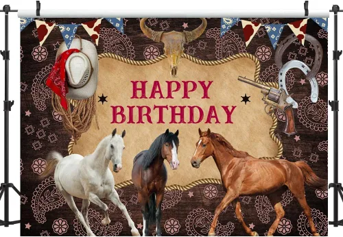 Vista 3 de Telón de fondo de fotografía de caballo de feliz cumpleaños, decoración de fiesta de vaquero del salvaje oeste, fondo de imagen, fondo de granja
