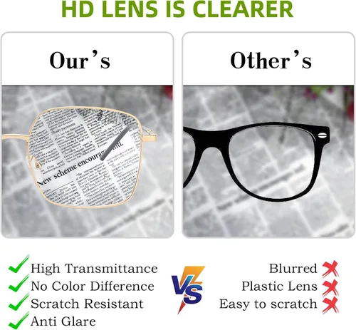 Vista 3 de Oversized Square Metal Reading Glasses Women, Large Anti Blue Light Computer Reader, Anti Eyestrain Eyewear