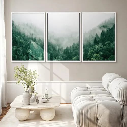 Vista 438 de SIGNWIN Lienzo enmarcado para pared, juego de arte pastel con cadena montañosa, bosque, niebla, naturaleza silvestre, ilustraciones modernas, arte