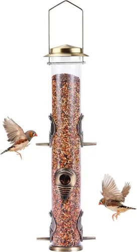 Vista 10 de MIXXIDEA 1PK Alimentadores de pájaros metálicos con 6 puertos de alimentación, alimentador de pájaros de tubo con colgador de acero, alimentador