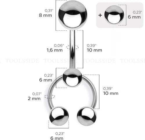 Vista 6 de VCH Jewelry - Piercing vertical con capucha para mujer, 4 bolas de acero quirúrgico, herradura y barra para piercing VCH, piercing genital curvado