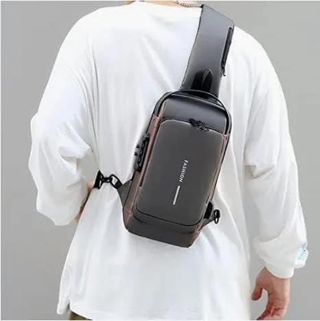 Vista 4 de Anti theft Crossbody Sling Bag,Waterproof Chest Daypack with USB Charging, Shoulder Backpack for Men and Women (Brown and Gray)