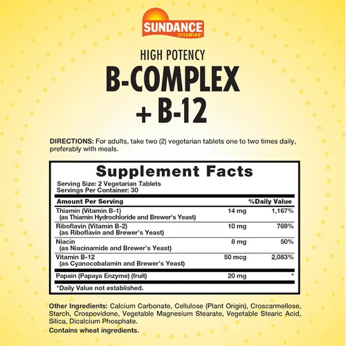 Vista 2 de Sundance Complejo de vitamina B con B-12 60 tabletas Alta potencia Suplemento vegetariano, sin OMG y sin gluten